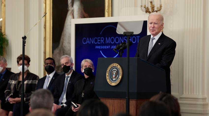 U.S. President Joe Biden gives remarks during a Cancer Moonshot initiative event in the East Room of the White House on February 02, 2022 in Washington, DC.