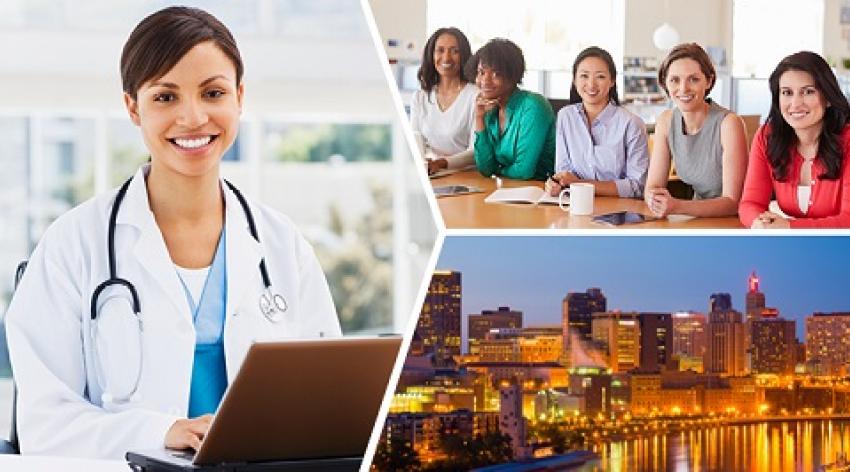 A collage of women working and a city skyline