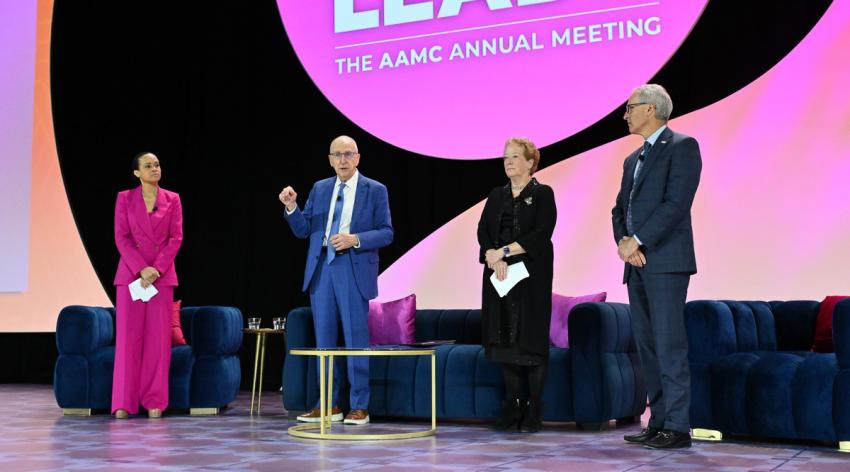 AAMC President and CEO David J. Skorton, MD, speaks during the Leadership Plenary at Learn Serve Lead 2025: The AAMC Annual Meeting as, from left, ABC News journalist Linsey Davis, AAMC Board of Directors Chair Julie Freischlag, MD, and AAMC Board Chair-Elect Michael Waldrum, MD, look on.