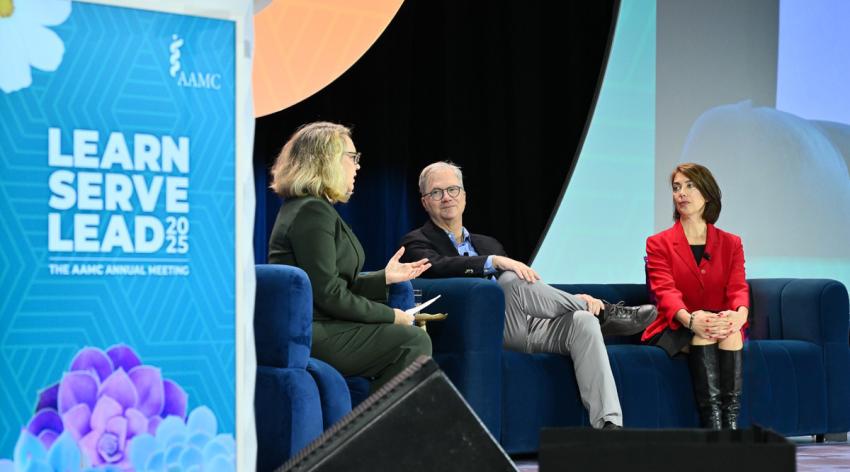 Heather Pierce, JD, MPH, AAMC’s senior director for science policy and regulatory counsel, right, and Ashley Velie, a Peabody Award-winning producer for 60 Minutes, left, speak with Science Editor-in-Chief Holden Thorp, PhD, middle, about how to better communicate about science at Learn Serve Lead 2025: The AAMC Annual Meeting.