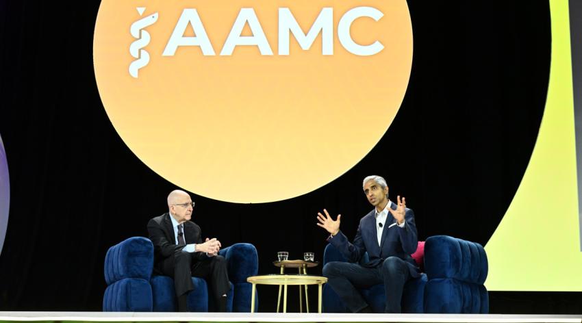 AAMC President and CEO David J. Skorton, MD, and former Surgeon General Vivek Murthy, MD, chat with the audience and each other at Learn Serve Lead 2025: The AAMC Annual Meeting on Nov. 3 in San Antonio.