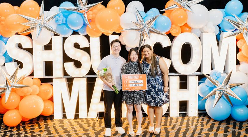 Elena Gupta, a fourth-year student at the Geisel School of Medicine at Dartmouth (right) with her best friend Wendy Zhuo (center) and her best friend’s partner, Jeremy Tran (left), attending the Sam Houston State University College of Osteopathic Medicine Match Day ceremony on Friday, March 21, 2025.