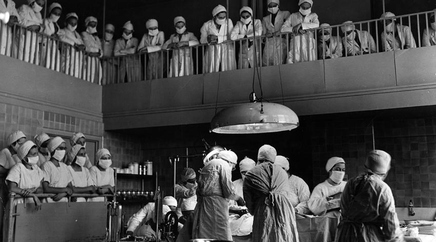 Students at the Woman's Medical College of Pennsylvania, one of the first U.S. medical schools for women, observe an operation in 1945.