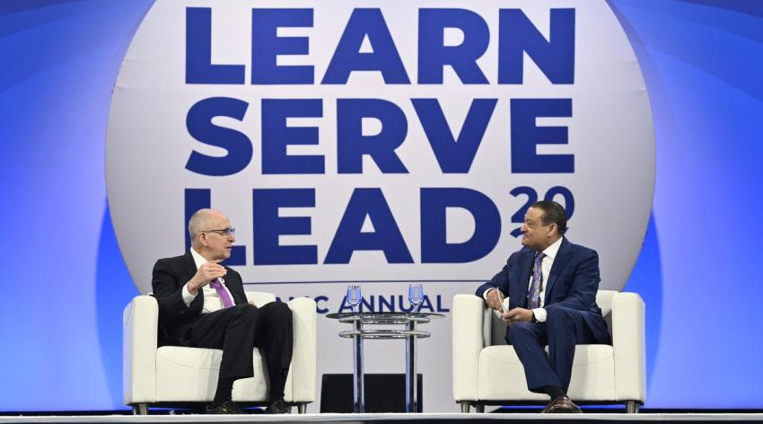 AAMC President and CEO David J. Skorton, MD, and AAMC Board Chair Lee Jones, MD, chat with the audience and each other after delivering their leadership speeches at Learn Serve Lead 2024: The AAMC Annual Meeting on Nov. 10 in Atlanta.