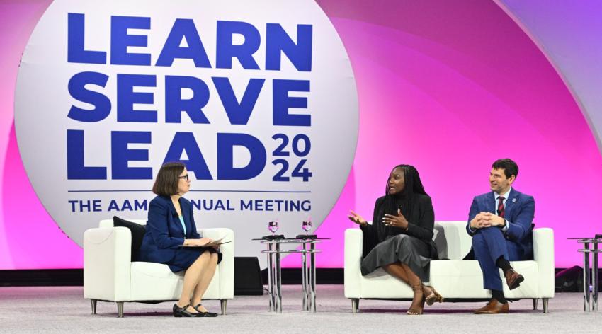 Elena Fuentes-Afflick, MD, leads a plenary discussion with Kizzmekia S. Corbett-Helaire, PhD, and David Fajgenbaum, MD, MBA, MSc, at Learn Serve Lead 2024: The AAMC Annual Meeting on Nov. 11.
