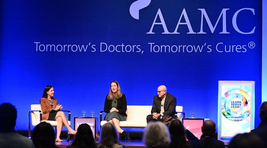 Moderator Elizabeth Sepper, JD, guides the discussion about laws against abortion and transgender care with Caitlin Bernard, MD, MSCI, and Michael Haller, MD.