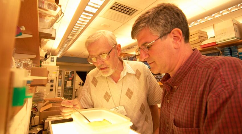 Paul Offit, MD, right, with his colleague, H. Fred Clark, PhD, DVM, two of three scientists credited with developing the rotavirus vaccine RotaTeq.