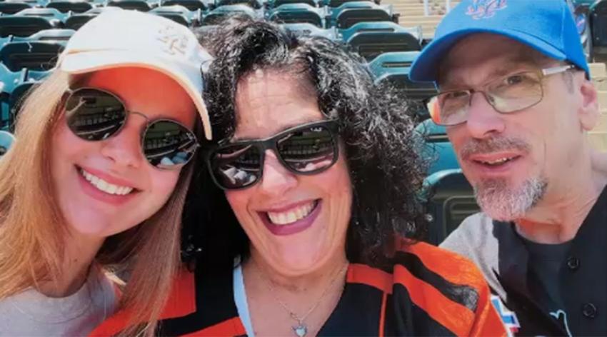 Dawn Steiner, center, attends a 2024 Mets game with her daughter, Sara, and her husband, Alan, after an electrical device implanted in her neck helped her find relief from rheumatoid arthritis.