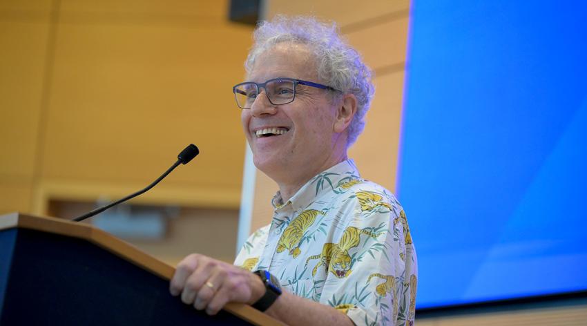 Victor Ambrose, PhD, speaks at news conference after winning the Nobel Prize.