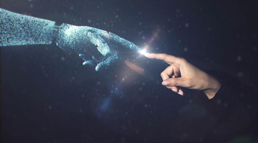 Artificial intelligence robot finger touching to human finger