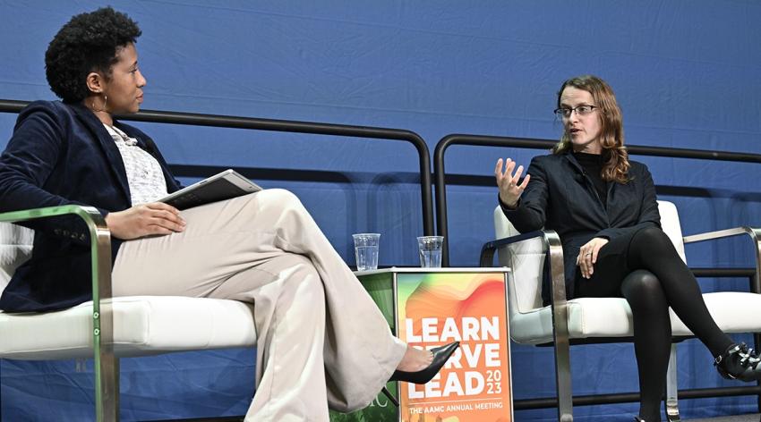 Reproductive justice advocate Anitra Beasley, MD, MPH, left, speaks with legal expert Mary Ziegler, JD, about the implications of the Dobbs decision on reproductive rights in America at Learn Serve Lead 2023 on Monday, Nov. 6.