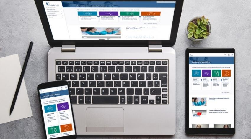 The New CiM Phone, tablet, and laptop computer showing the new Careers in Medicine website