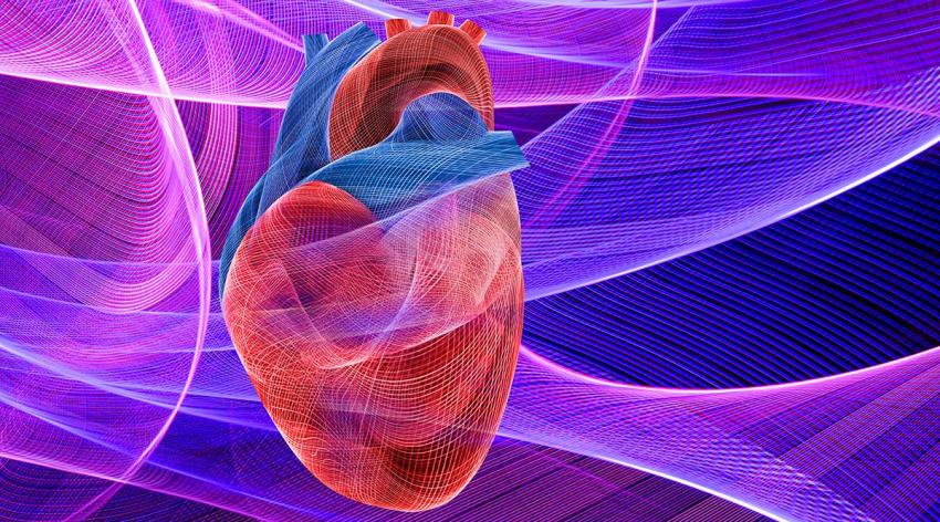 Energy patterns create a human heart against a backdrop of energy fields in a photograph about heart issues, coronary research and energy fields in medicine.