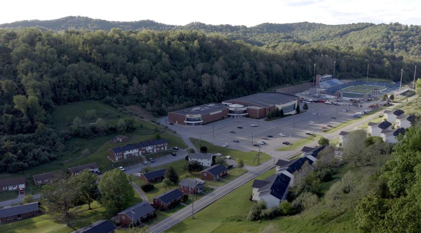 An aerial view of the WVU Medicine Clinic, tucked in rolling green hills