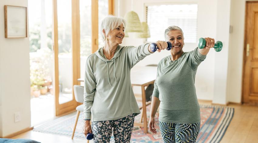 Two senior women practicing resistance training at home, embracing an active and healthy lifestyle.
