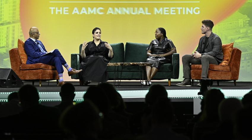 Abraham Verghese, MD, moderates a panel on the doctor-patient relationship with patients Suleika Jaouad, MFA, Maya Feller, MS, RD, and Ryan Scoble, at the closing plenary at Learn Serve Lead 2023 on Tuesday, Nov. 7.